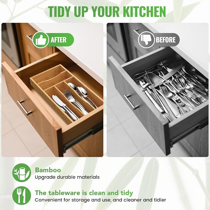 Small Silverware Organizer, Bamboo Kitchen Drawer Cutlery Organizer, Utensil - Image 3