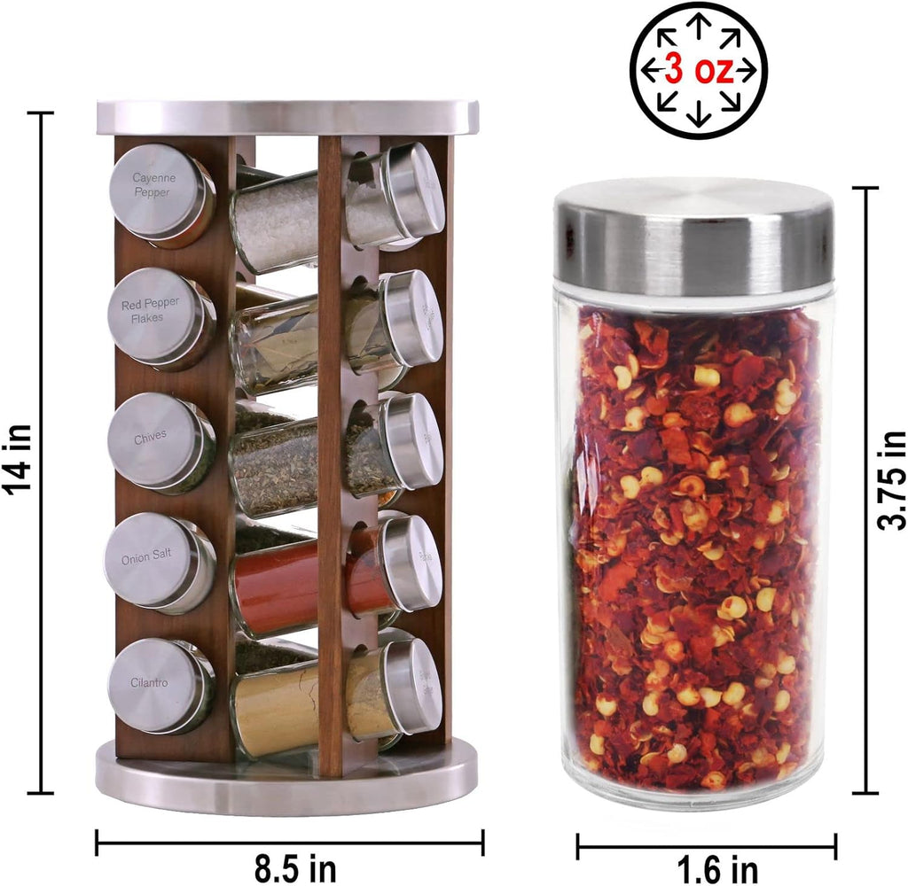 20 Jar Rotating Dark Acacia Wood Spice Rack with Spices Included &