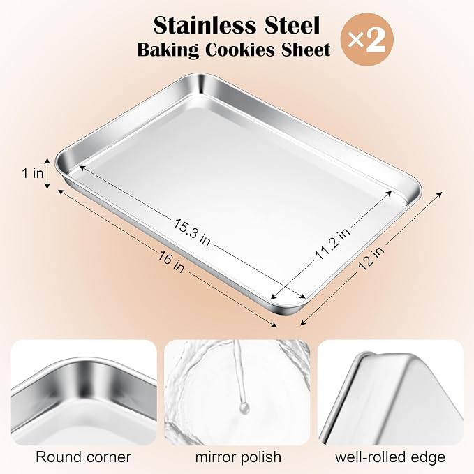E-far Baking Sheets Set of 2, 16” x12” Stainless Steel Cookie Sheets Pans - Image 2