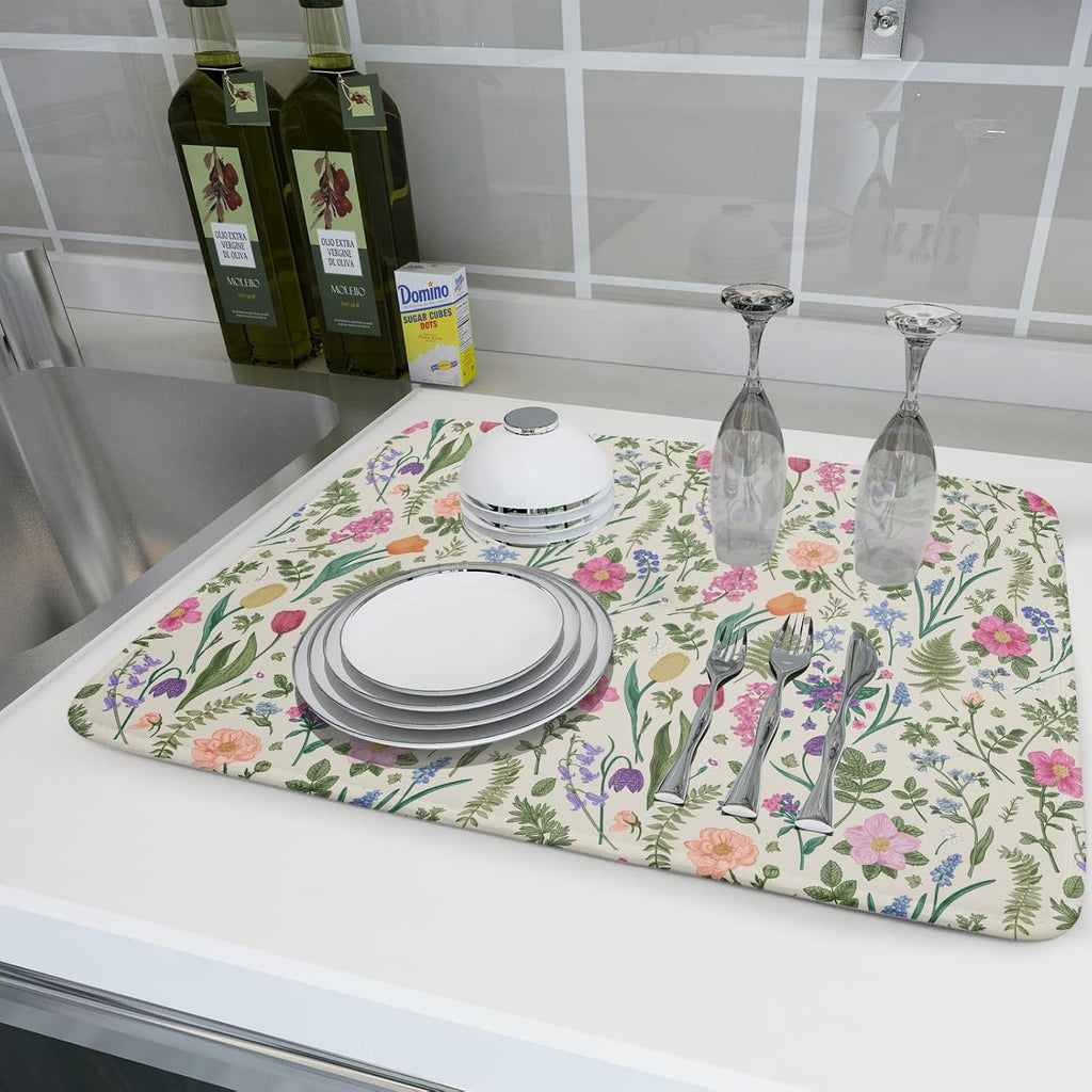 Spring Floral Dish Drying Mat for Kitchen Counter 18x24 Pink Sage