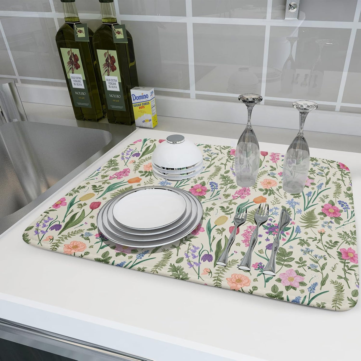 Spring Floral Dish Drying Mat for Kitchen Counter 18x24 Pink Sage