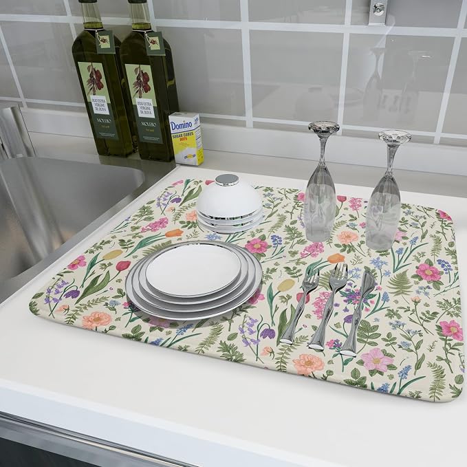 Spring Floral Dish Drying Mat for Kitchen Counter 18x24 Pink Sage Green Flower - Image 6