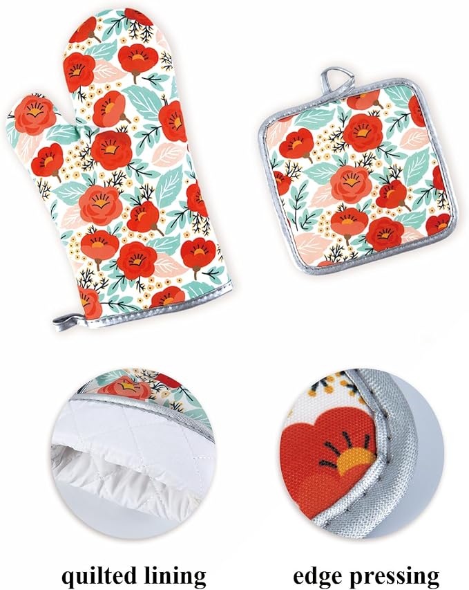 6 Pcs Kitchen Stuff, Wild Floral Kitchen Oven Mitts, Pot Holders Sets - Image 4