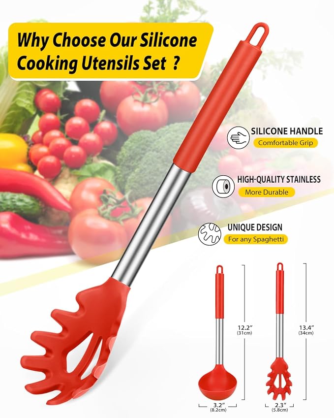 Silicone Pasta Fork and Ladle Spoon Set, Large Non Stick Kitchen Utensils - Image 2