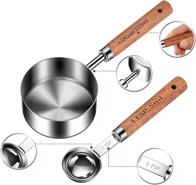 Stainless Steel Measuring Cups and Spoons Set of 8, Stackable Wooden Handle - Image 6
