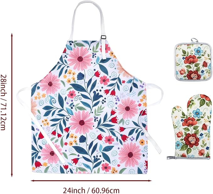Floral Apron and Oven Mitt Set 3 Piece, Heat Resistant Kitchen Mittens and Pot - Image 2