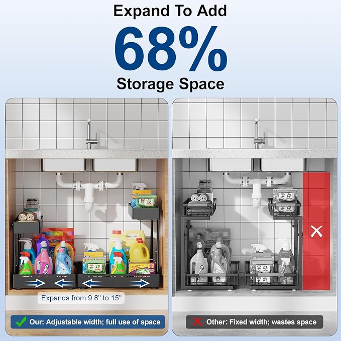 2 Pack Under Sink Organizer, Insputer 2 Tier Under Cabinet Storage Expandable - Image 4