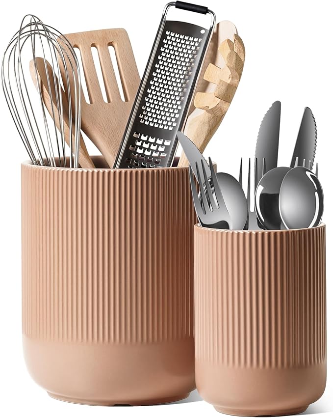LE TAUCI Utensil Holder for Kitchen Counter, 7.3"+5.4" Fluted Ceramic Utensil by LETAUCI