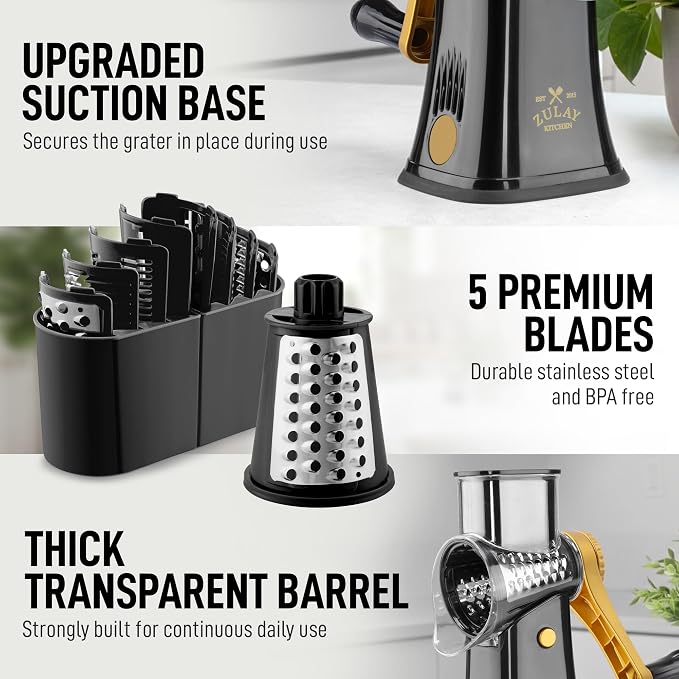 Zulay Kitchen Rotary Cheese Grater 5 Blade Cheese Shredder - Image 7
