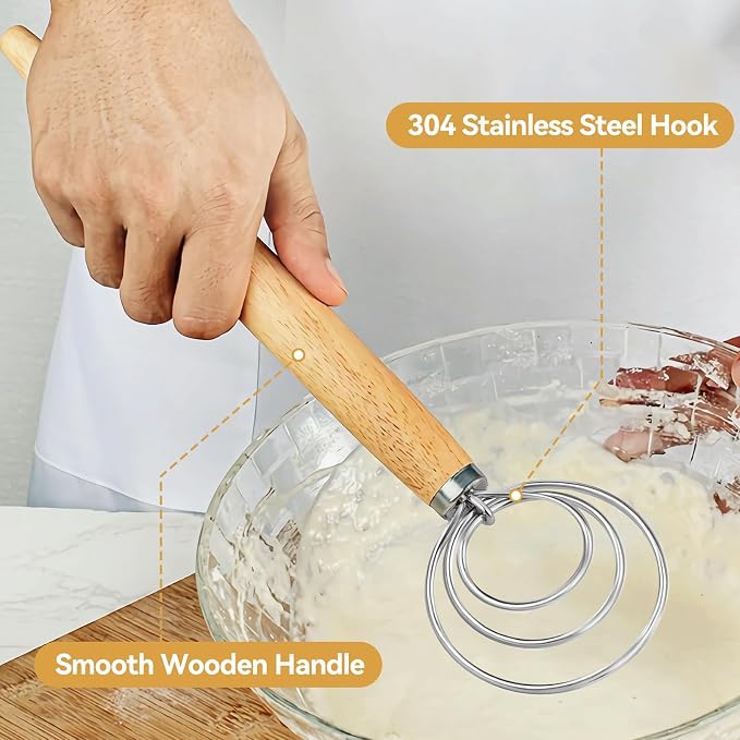 Danish Dough Whisk Dutch Bread Mixer Stainless Steel Hook Wooden Handle Baking - Image 7