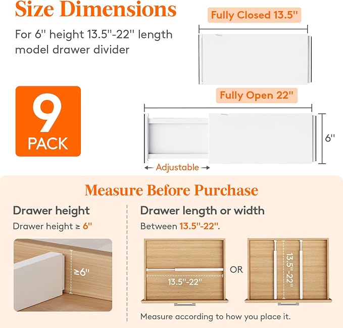 Lifewit 9 Pack 6" High Drawer Dividers 34-56cm/13.5-22" Adjustable Drawer - Image 2