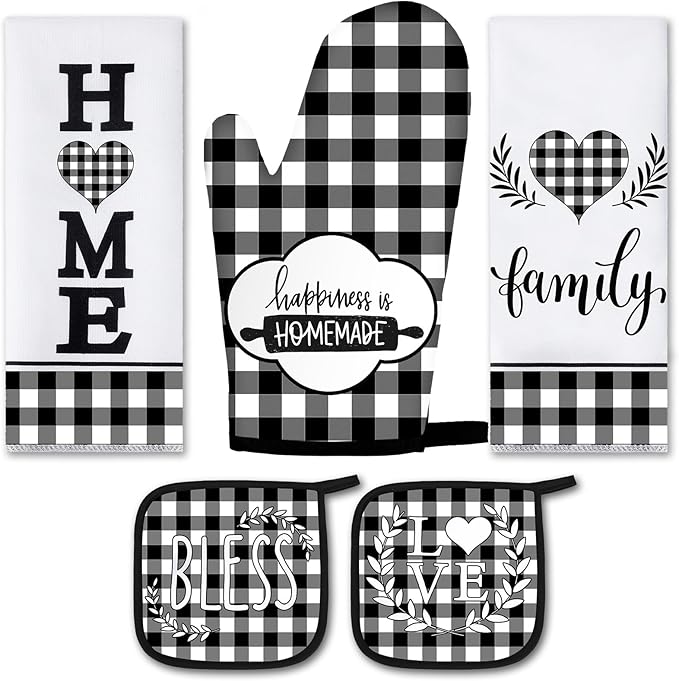 5 Pieces Buffalo Plaid Kitchen Towels Oven Mitts and Pot Holder Set Black and by Rtteri