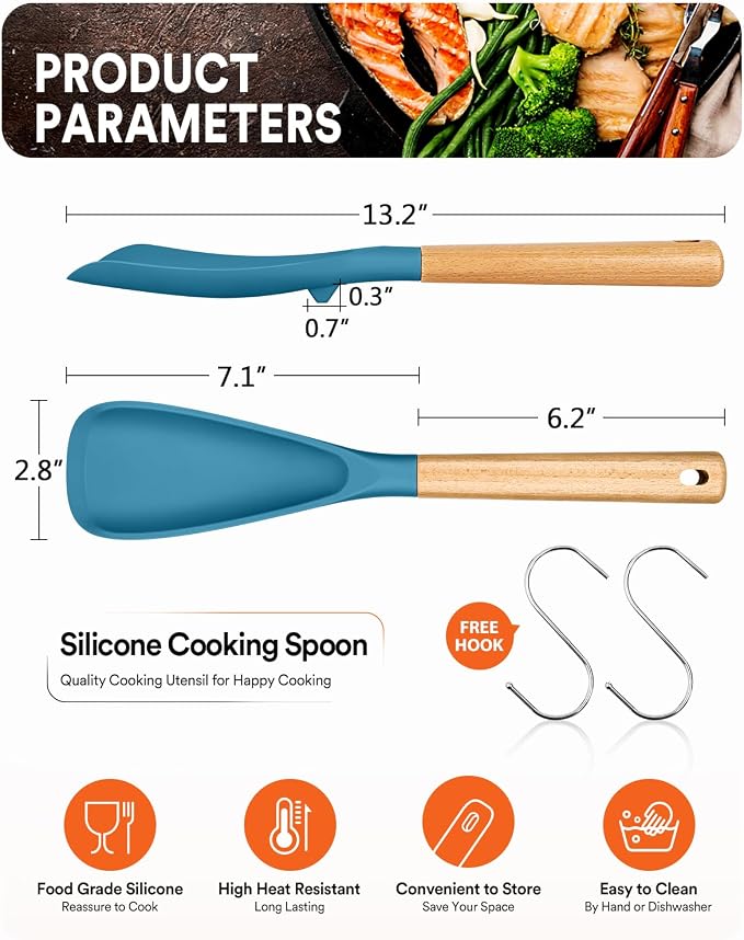 Cooking Spoon for Nonstick Cookwares, Wood Handle Spoon for Mixing, and Scrape - Image 2