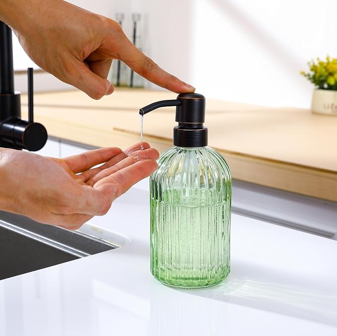 16Oz Green Glass Soap Dispenser - Image 3