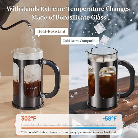 Veken French Press Coffee Maker 34oz, No Plastic Touching Cafe, Thickened Glass - Image 6