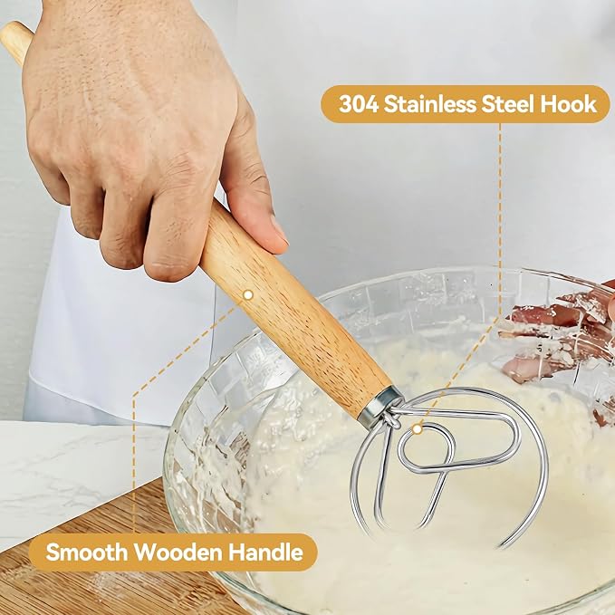 Danish Dough Whisk Dutch Bread Mixer Stainless Steel Hook Wooden Handle Baking - Image 7