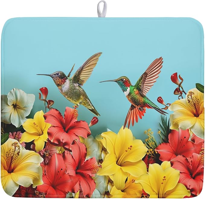 Kawani Spring Summer Hummingbirds Floral Dish Drying Mat by Kawani
