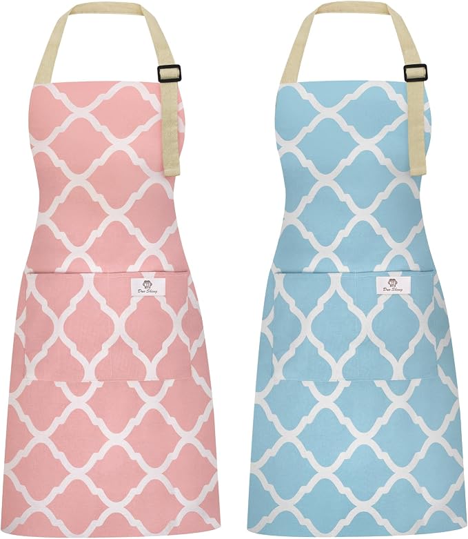 2 Pieces Aprons for Women with Pockets, Cotton Linen Waterproof Kitchen Cooking by Riqiaqia