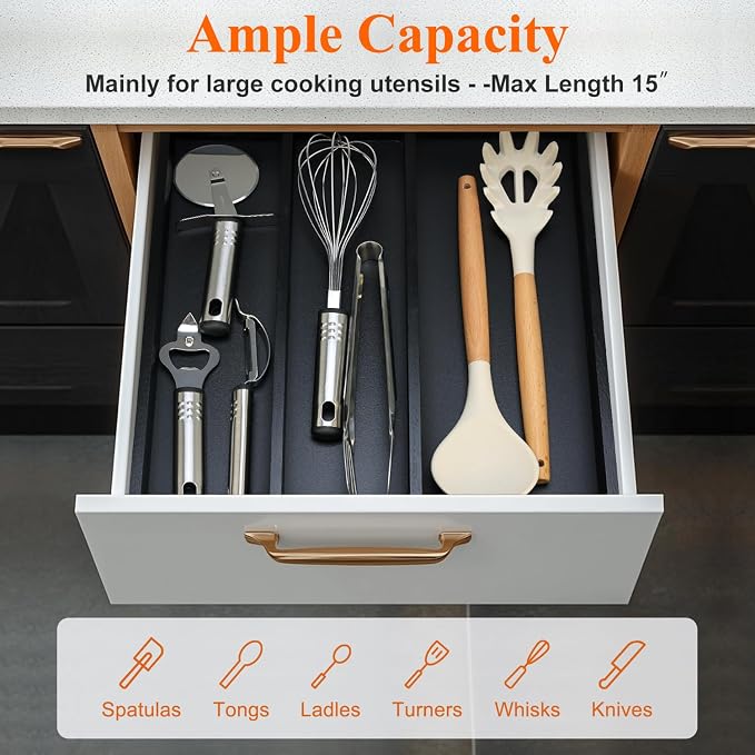Bamboo Kitchen Tool Drawer Organizer Storage Black Cutlery Tray Expandable - Image 3