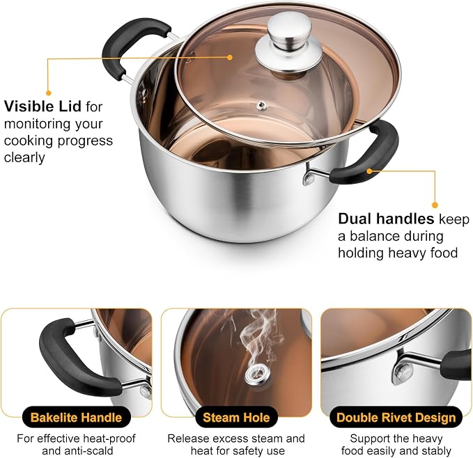 P&P CHEF 3 Qt Stockpot with Lid, Stainless Steel Cooking Stock Pot - Image 2