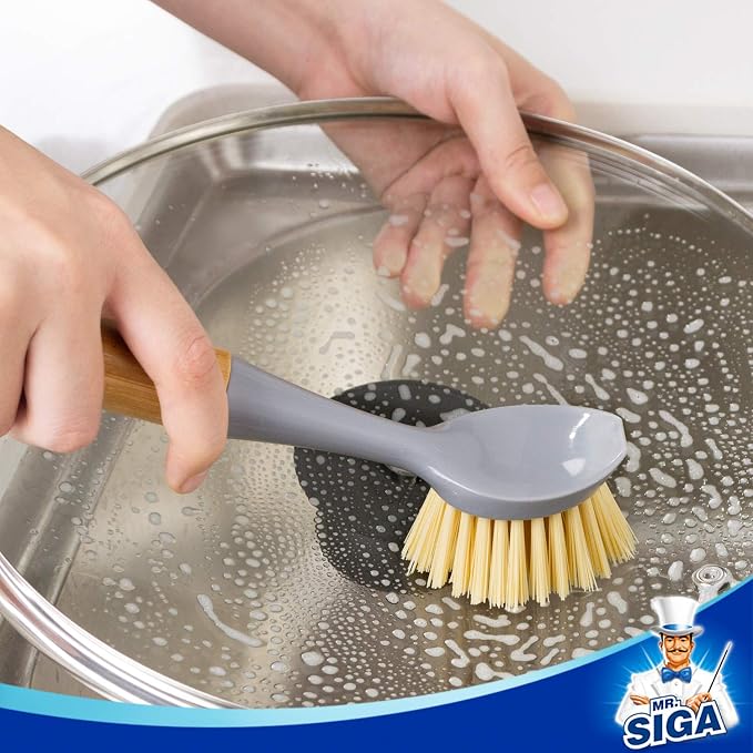 MR.SIGA Dish Brush with Bamboo Handle Built-in Scraper, Scrub Brush - Image 3