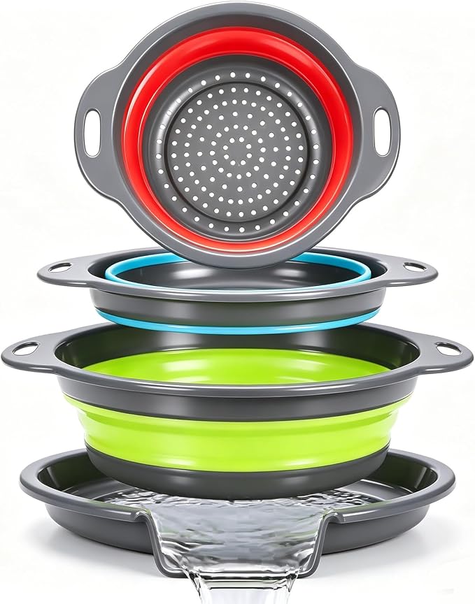 Collapsible Colander Set with Oversized Draining Tray | 3-Pack Foldable Kitchen by CLUREN