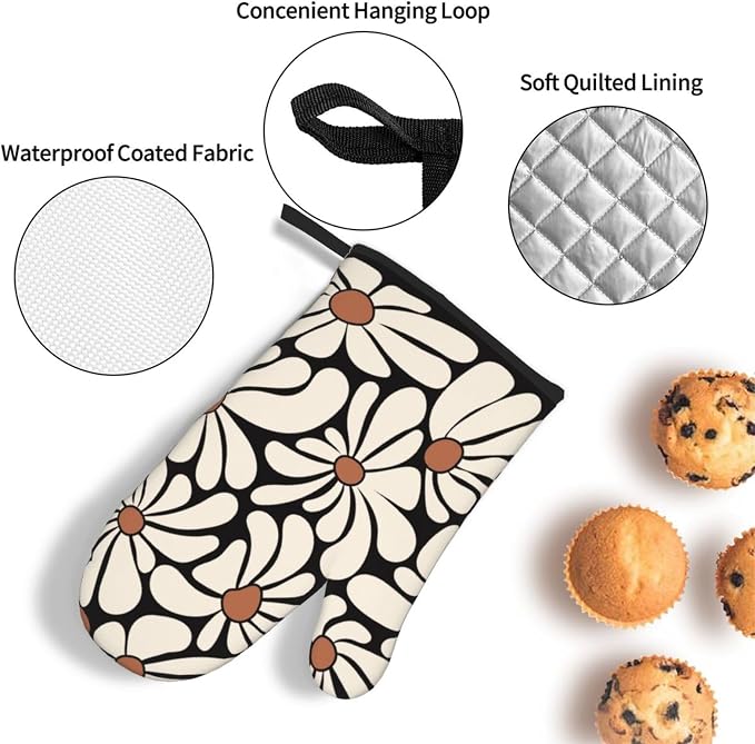 Boho Floral Pot Holders and Oven Mitts Set, Cute Black and Beige Kitchen Mitts - Image 5