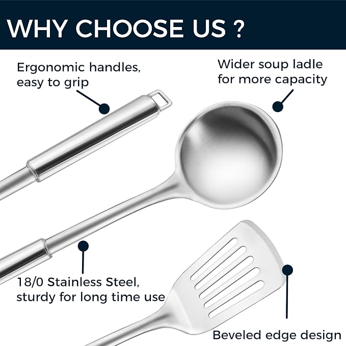 18/0 Stainless Steel Kitchen Cooking Utensil Set, Ergonomic Handle, Dishwasher - Image 2