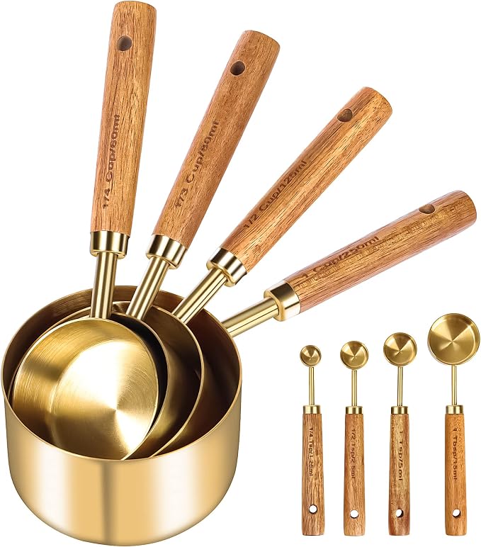 GuDoQi 8Pcs Gold Measuring Cups and Spoons Set, Wooden Handle, Premium by GuDoQi