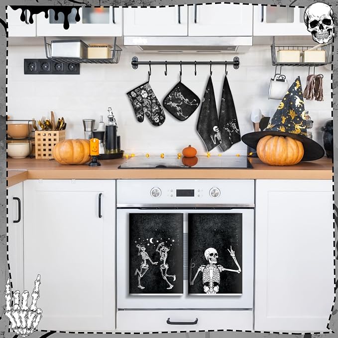 Leinuosen 6 Pcs Skull Kitchen Decor Set, Skull Kitchen Towels Gothic Oven Mitts - Image 2