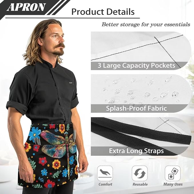 Server Apron with 3 Pockets, Waterproof Oil Waitress Waiter Half Apron - Image 6