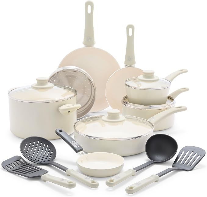 GreenLife Soft Grip 16 Piece Cookware Set, Non-Toxic PFAS-Free Ceramic Nonstick by GreenLife