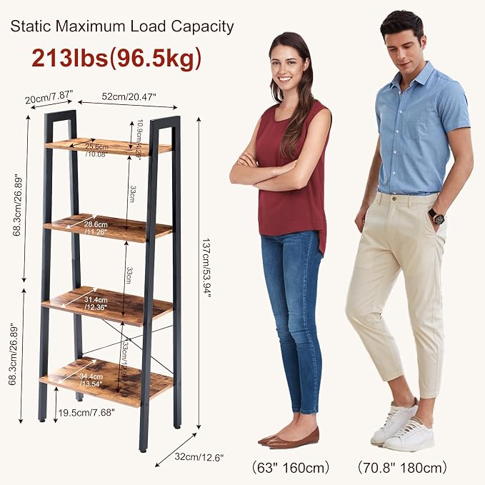 DUMOS Ladder Shelf, 4-Tier Display Bookshelf, Industrial Style Storage Standing - Image 3