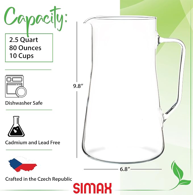 Simax Large Glass Pitcher With Spout, 2.5 Quart Borosilicate Glass Iced Tea - Image 2