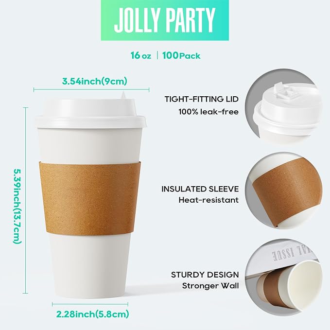 JOLLY PARTY 16 oz Paper Coffee Cups, Disposable Paper Coffee Cup - Image 2