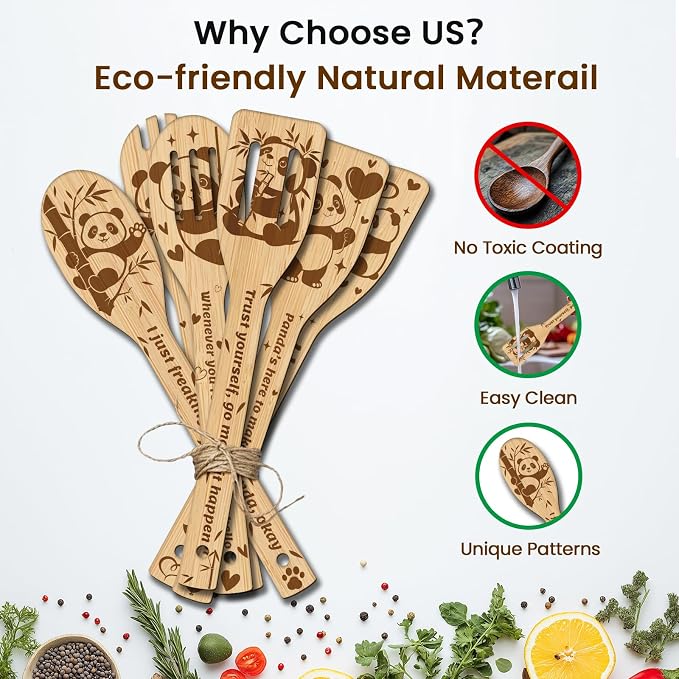 CUTHOLLOW 6PCS Pandas and Bamboo Wooden Kitchen Cooking Utensil Set, 11.9in Non - Image 3