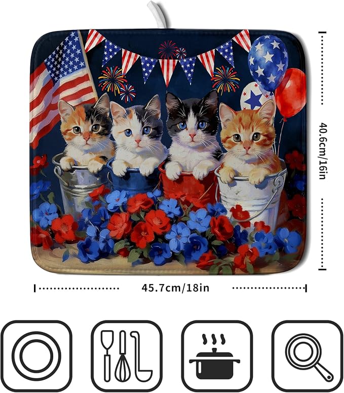 4th of July Dish Drying Mat Patriotic Cats Dish Drying Rack Mat - Image 2