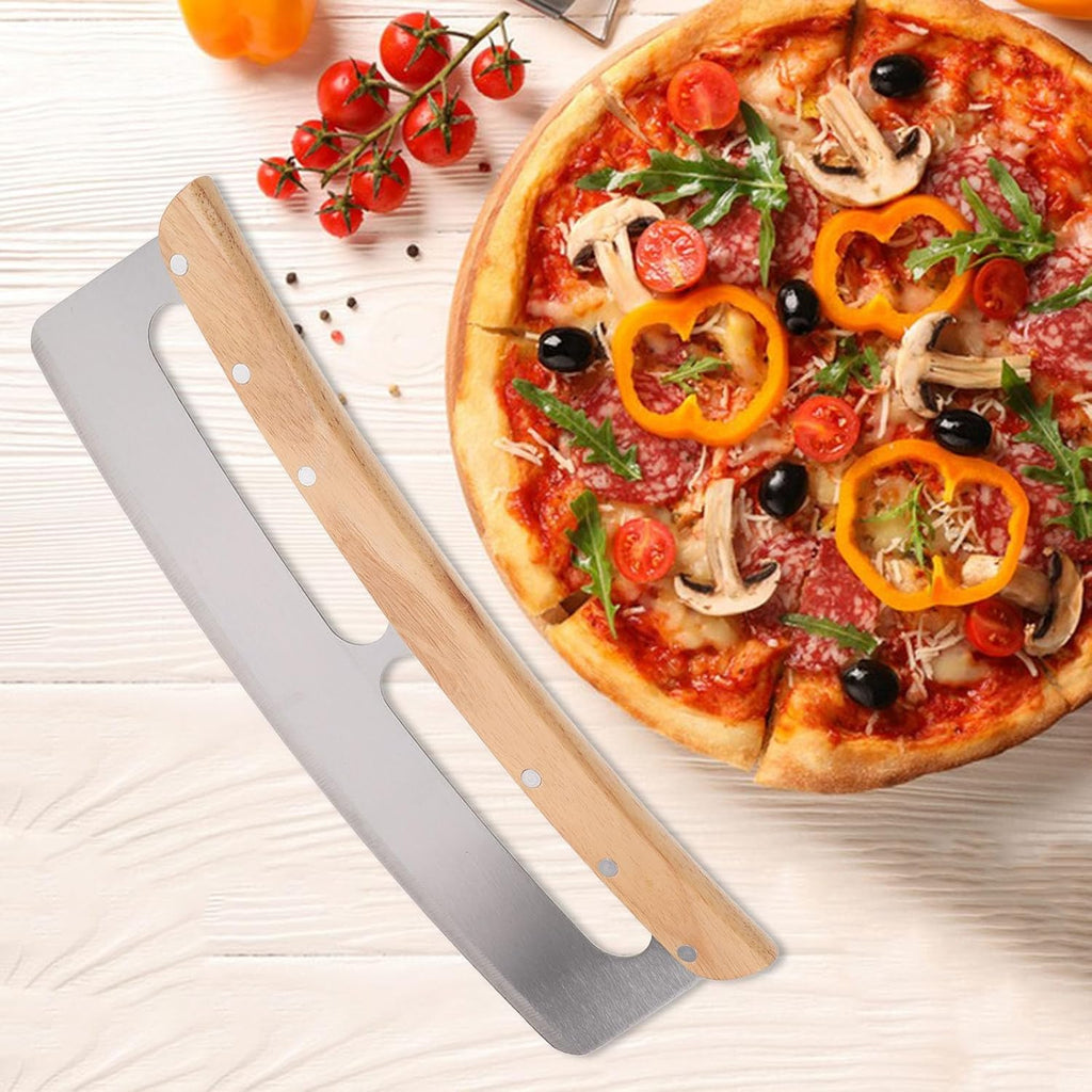 Pizza Rocker Cutter with Stainless Steel Semicircular Blade Wooden
