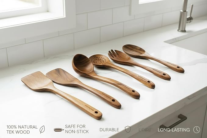 Teak Wood Kitchen Utensils Set – 6 Piece, Sustainable Teak Cooking Utensils - Image 3