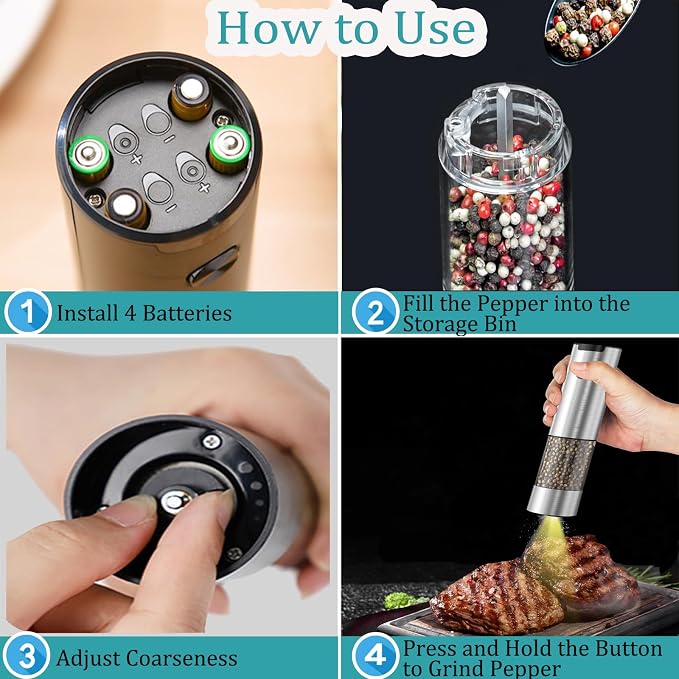 Electric Salt and Pepper Grinder Set, Automatic Salt Pepper Mill Grinder - Image 6