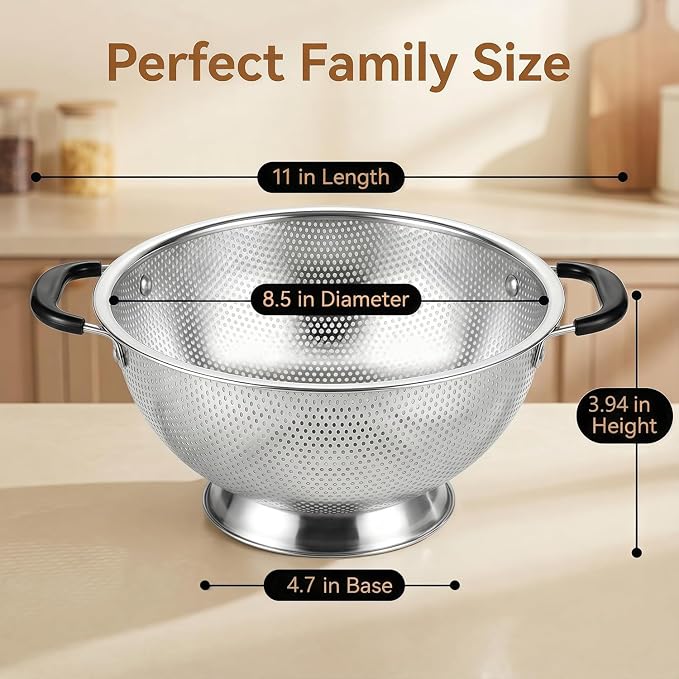 304 Stainless Steel Colander, 3 Quart Micro-Perforated Strainer - Image 2