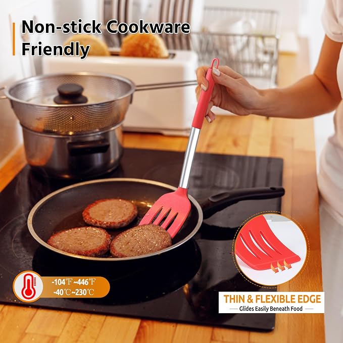 Silicone Spatula Set of 2, E-far Solid & Slotted Turner - Image 3