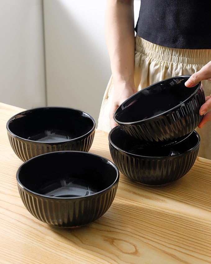 HASENSE 7 Inch Large Serving Bowls Set of 4, 42 Oz Black Ceramic Salad Bowl - Image 7