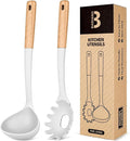 Pasta Fork and Ladle Set, and Sauce Pasta, BPA-Free Matte Silicone, Wood Handle by BADIANO