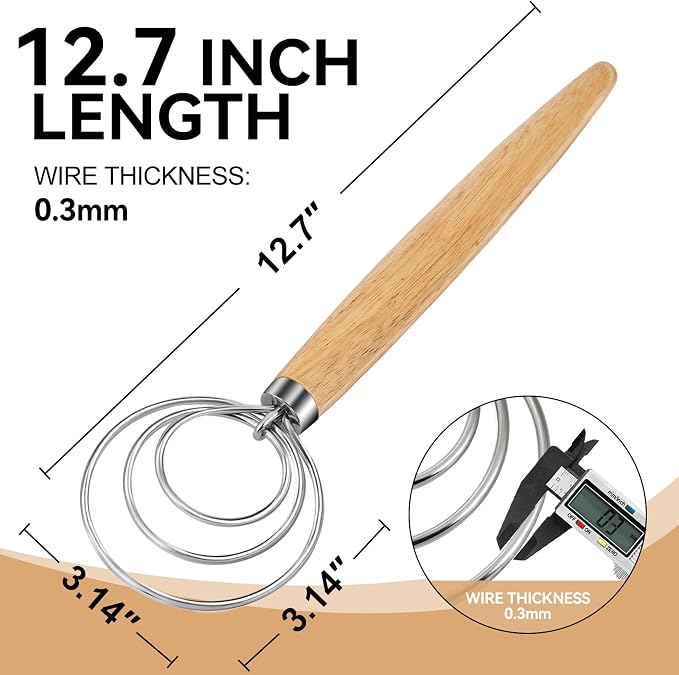 Danish Dough Whisk Dutch Bread Mixer Stainless Steel Hook Wooden Handle Baking - Image 2