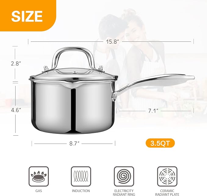 Stainless Steel Saucepan with Glass Lid, 3.5 Quart Multipurpose Sauce Pan - Image 2
