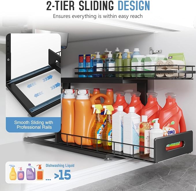 Under Sink Organizer Upgrade To Professional Rails, 2-Tier Dual Pull Out - Image 5
