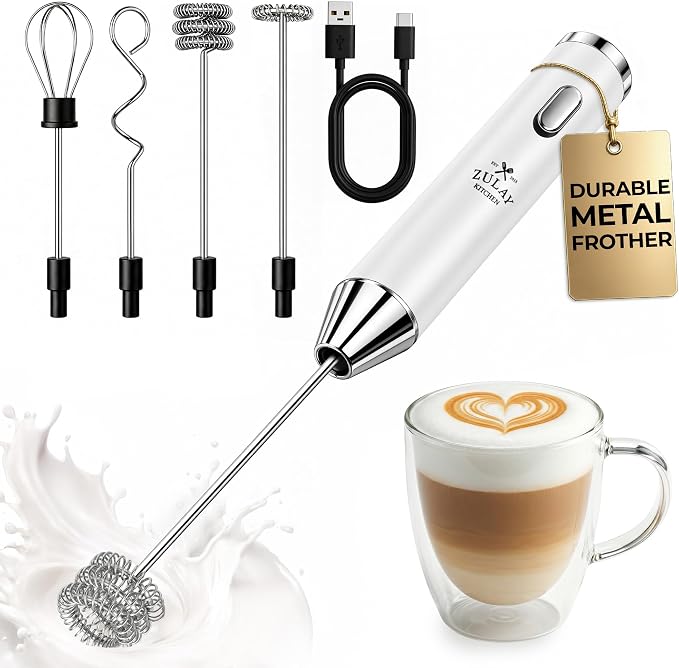 Zulay Kitchen Metal Rechargeable Milk Frother, 3 Whisk Attachments Handheld by ZulayKitchen