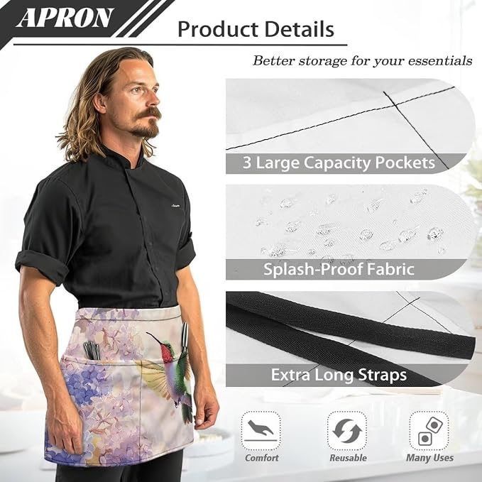 Server Apron with 3 Pockets, Waterproof Oil Waitress Waiter Half Apron - Image 6