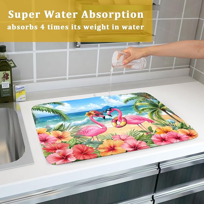 Summer Flamingos Dish Drying Mat 18x24 inch Tropical Beach Microfiber Washable - Image 7